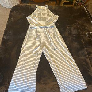 White and Gray Striped Jumpsuit with Belt.  Size L.  NWT